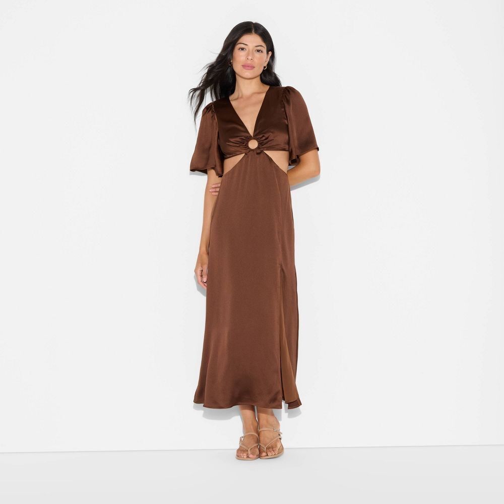 ✨Wild Fable Women’s Flutter Sleeve Satin Cape Maxi Brown Sz Large Dress✨